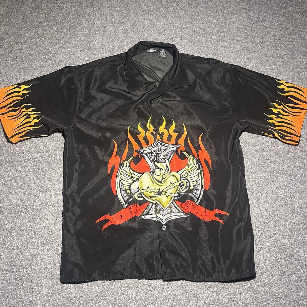 Vintage Y2K Flames Shirt Mens Large City Impact Button Up Grunge Retro Fire 2000